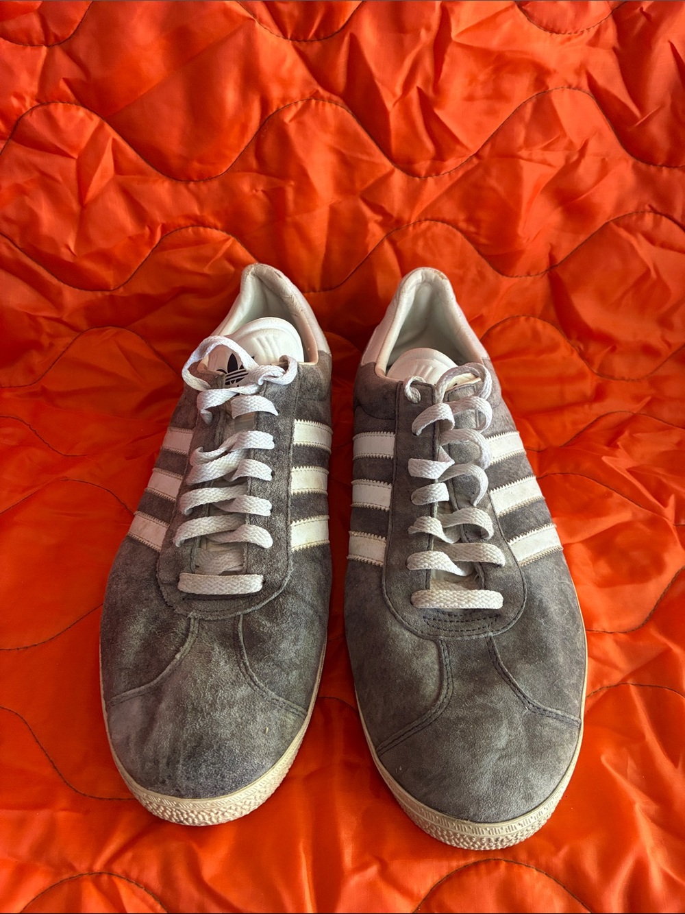 adidas Men’s Grey Suede Sneakers with White Stripes